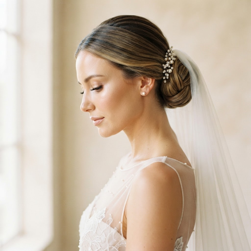 Bride with a sculpted low bun and pearl pins